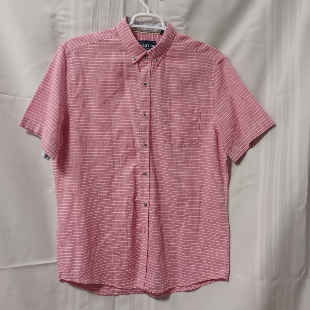 Visitor Button Down Shirt Mens L‎ Pink Striped Short Sleeve Linen Cotton Blend